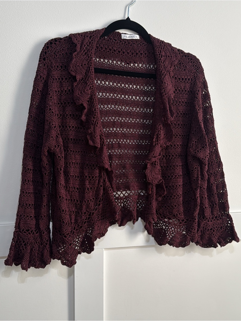 PLANET boho Crochet Open-Front Cardigan Sweater Deep Burgundy